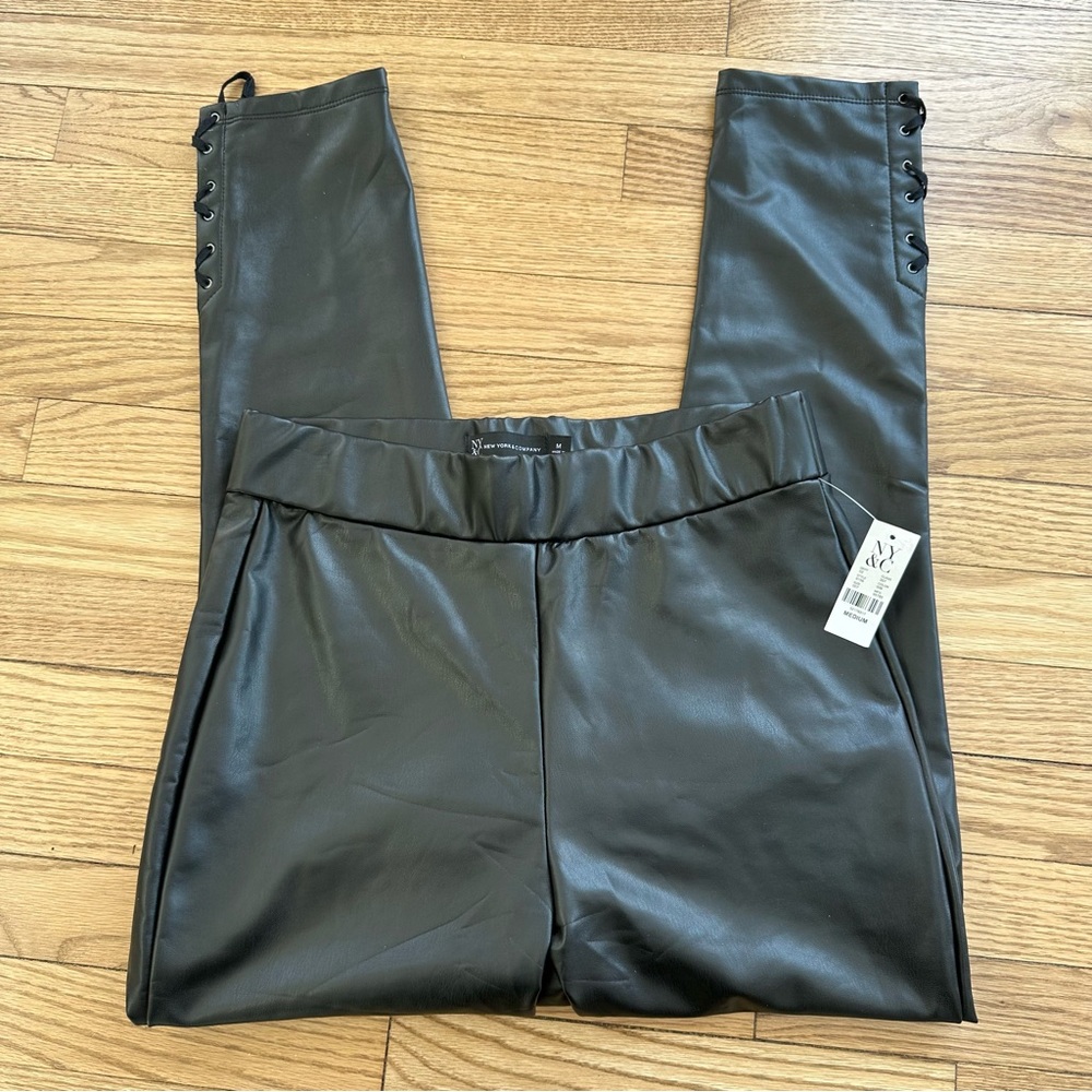 NY&C Faux Leather Leggings with Tie design at ankle